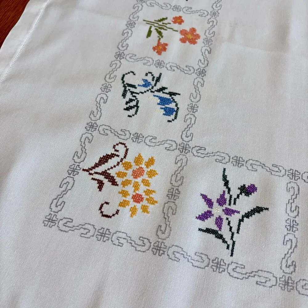 Vintage Cross Stitch Tablecloth Floral Border Heavy Cotton Square